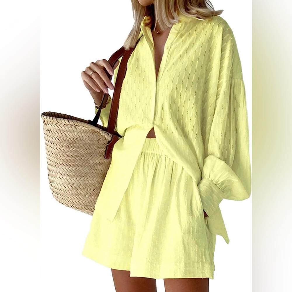 Women's Oversized Long Puff Sleeve Blouse & High Waisted Side Pocket Shorts Set